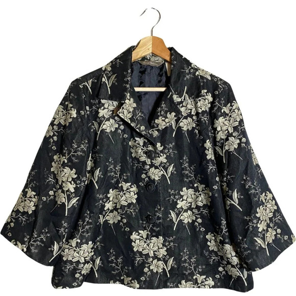 Tommy Bahama Silk Floral Print Bolero Jacket Women's Medium Black Ivory Blazer - Picture 1 of 14